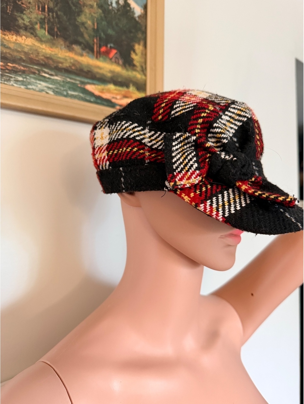 Plaid Newsboy Cap with Bow Accent - Black, Red, White